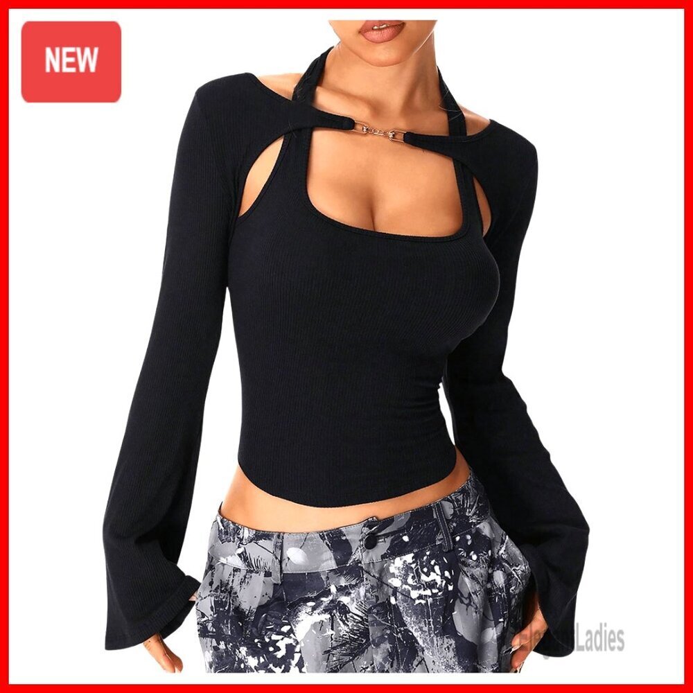 Long Sleeve Halter Neck Crop Top Fitted T-Shirt Y2K Going Out Tee